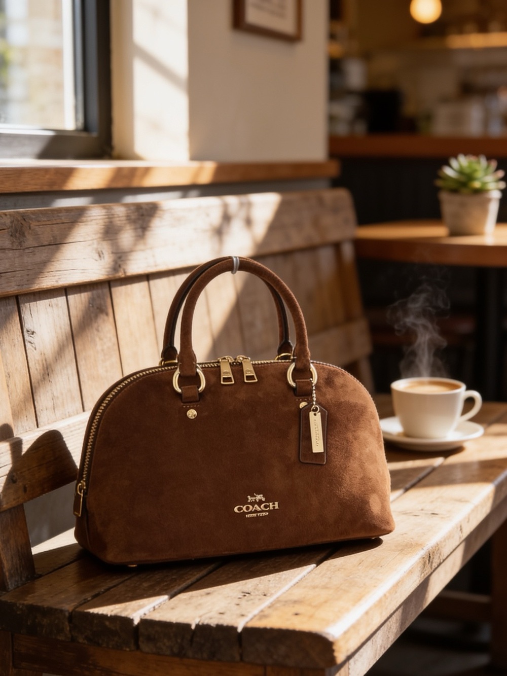 Coach Chocolate Brown Suede Satchel Bag, crossbody adjustable strap & gold charm
